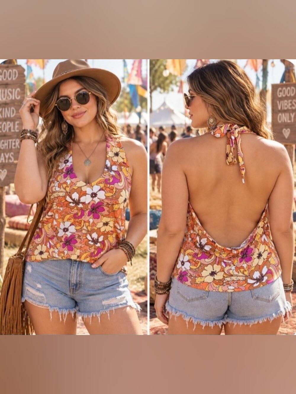 SO Orange Yellow White Brown Floral Boho Halter Crop Top NWT Size XL (Juniors)